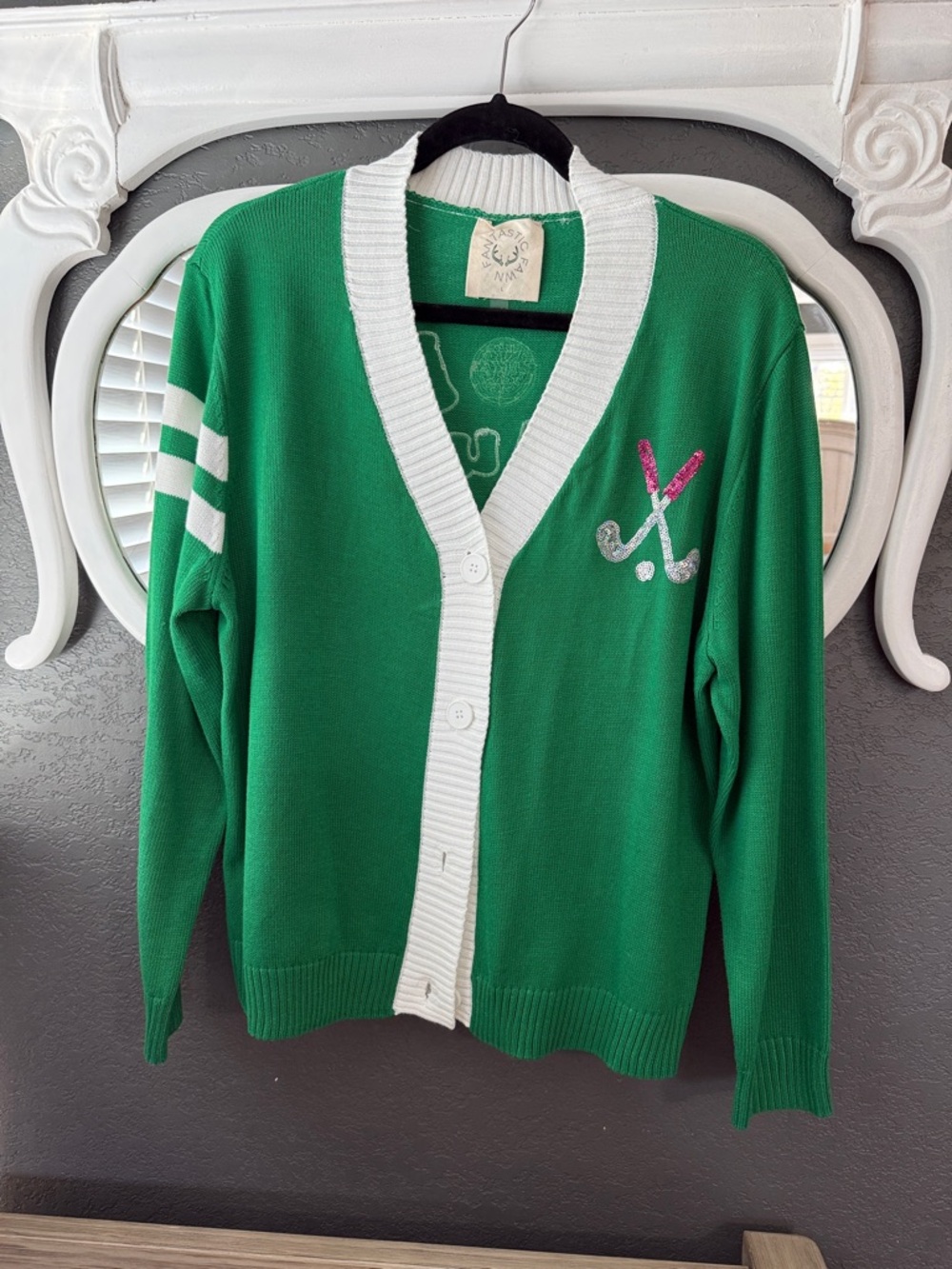 Fantastic Fawn Green and White Golf-Accent Button Cardigan